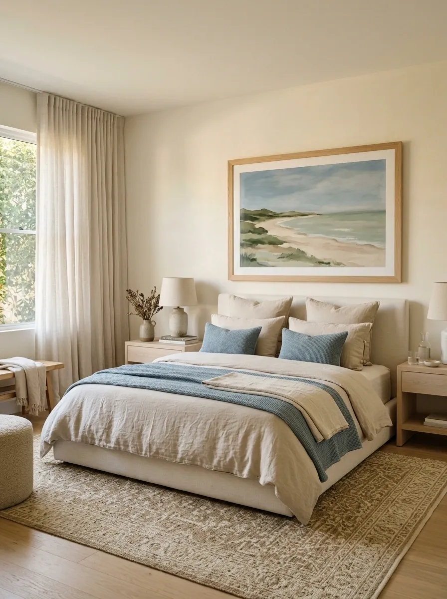 Oversized Framed Landscape Over a Warm Linen Bed