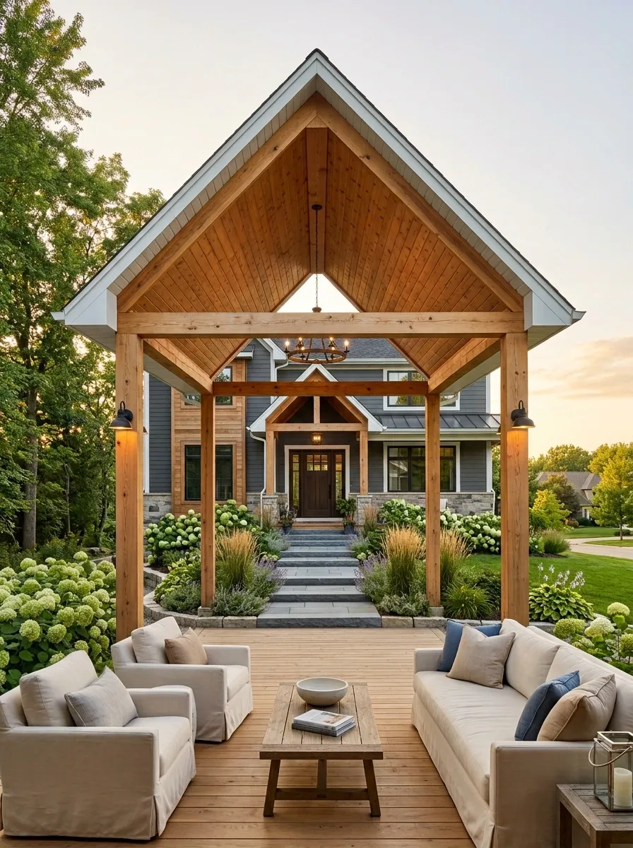 Oversized Gable Porch With a Full Outdoor Living Room