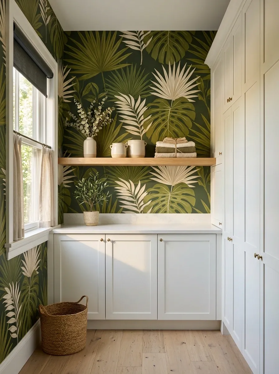 Oversized Green Botanical Print in a Small Laundry Room