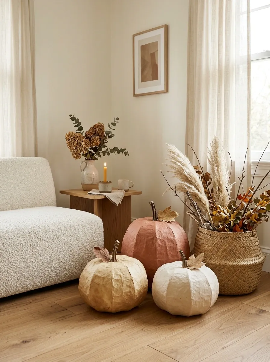 Oversized Handmade Paper Pumpkins in a Quiet Living Room Corner