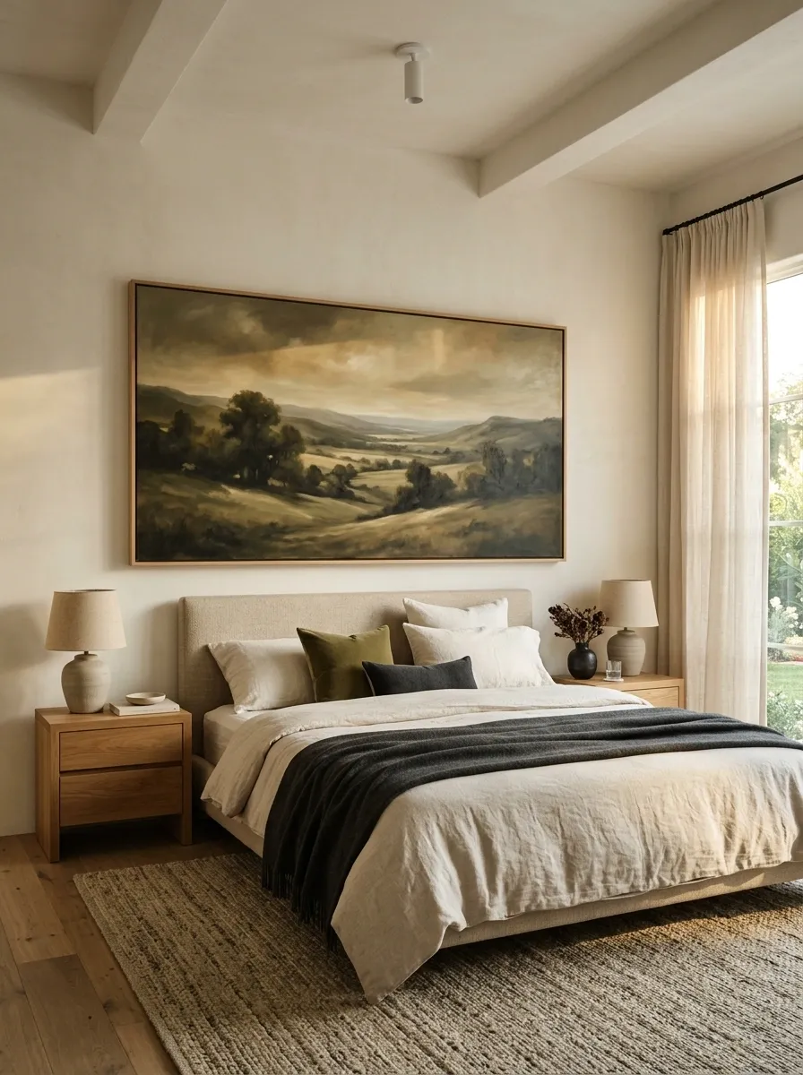 Oversized Landscape Artwork Above a Soft Linen Bed