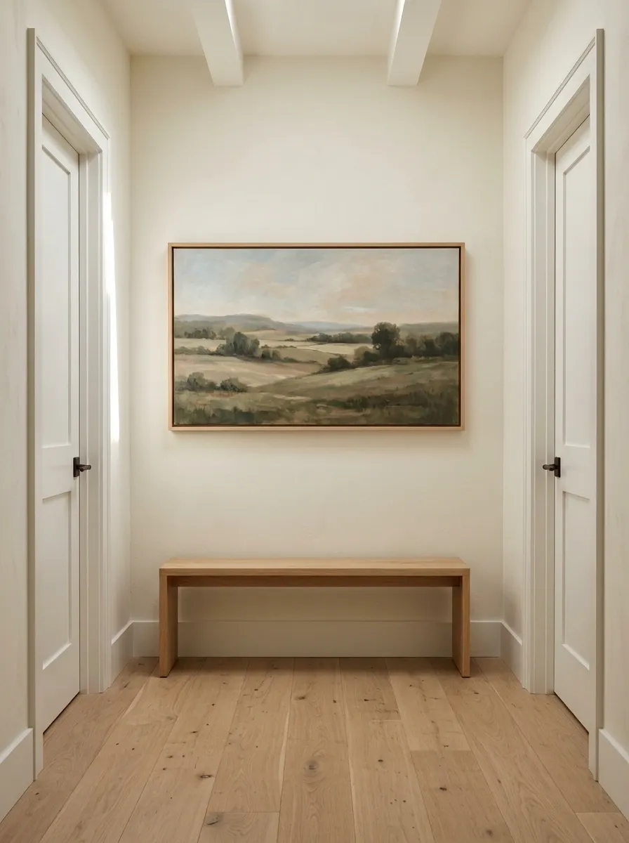 Oversized Landscape Artwork With a Simple Oak Bench