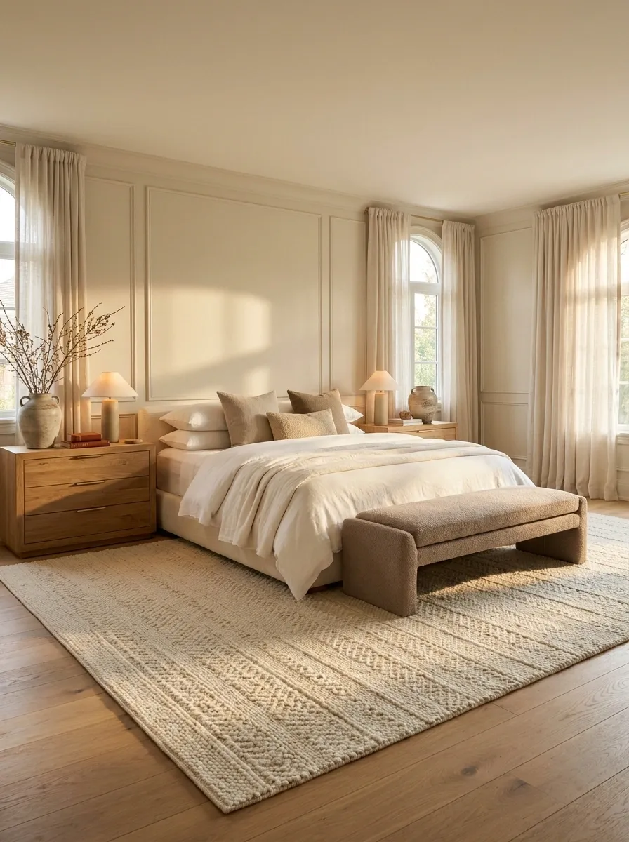 Oversized Rug Anchoring a Standard Bed