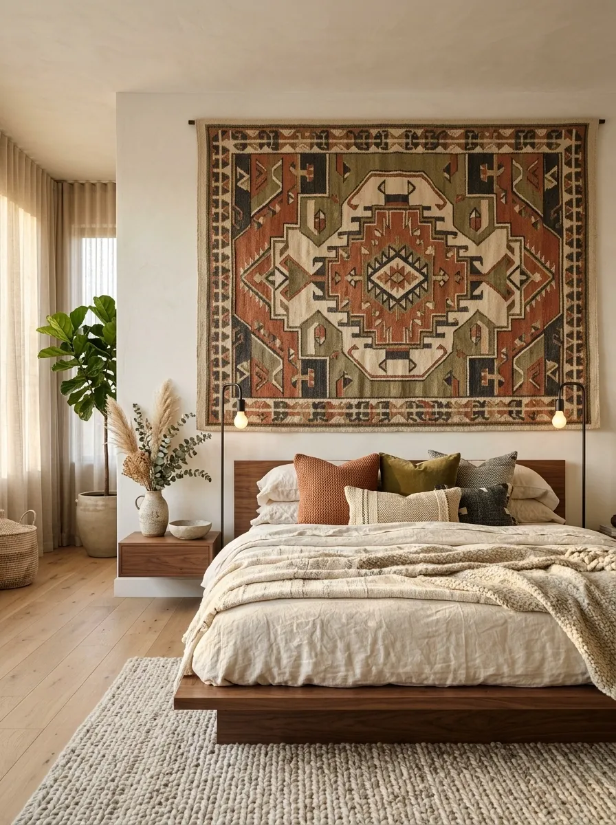 Oversized Textile Tapestry Behind a Low Platform Bed