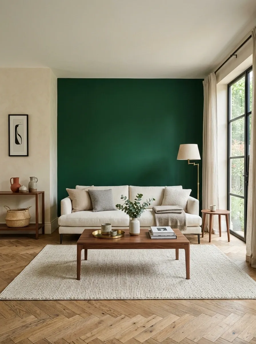 Paint One Living Room Wall Emerald and Keep Everything Else Quiet