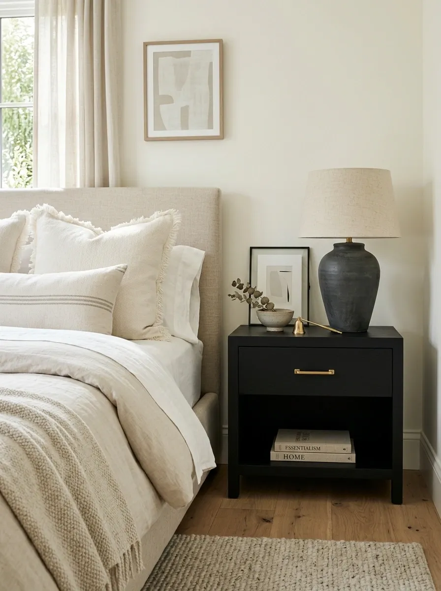 Painted Black Nightstand With Brass Details and Cream Bedding
