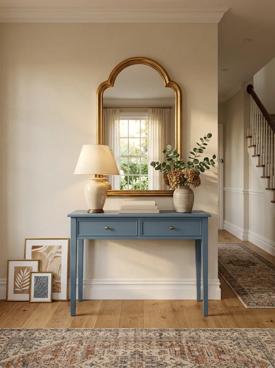 Painted Blue Console With Brass Mirror in a Classic Foyer