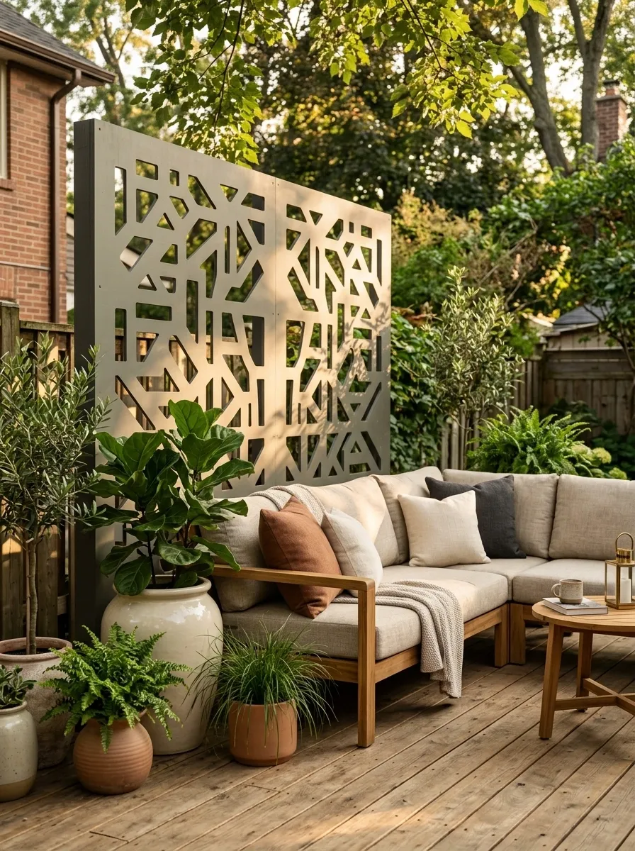 Painted Plywood Screen With Geometric Cutouts