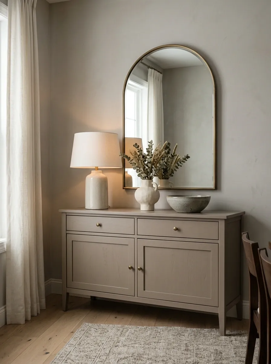 Painted Sideboard With Oversized Mirror and Warm Lighting