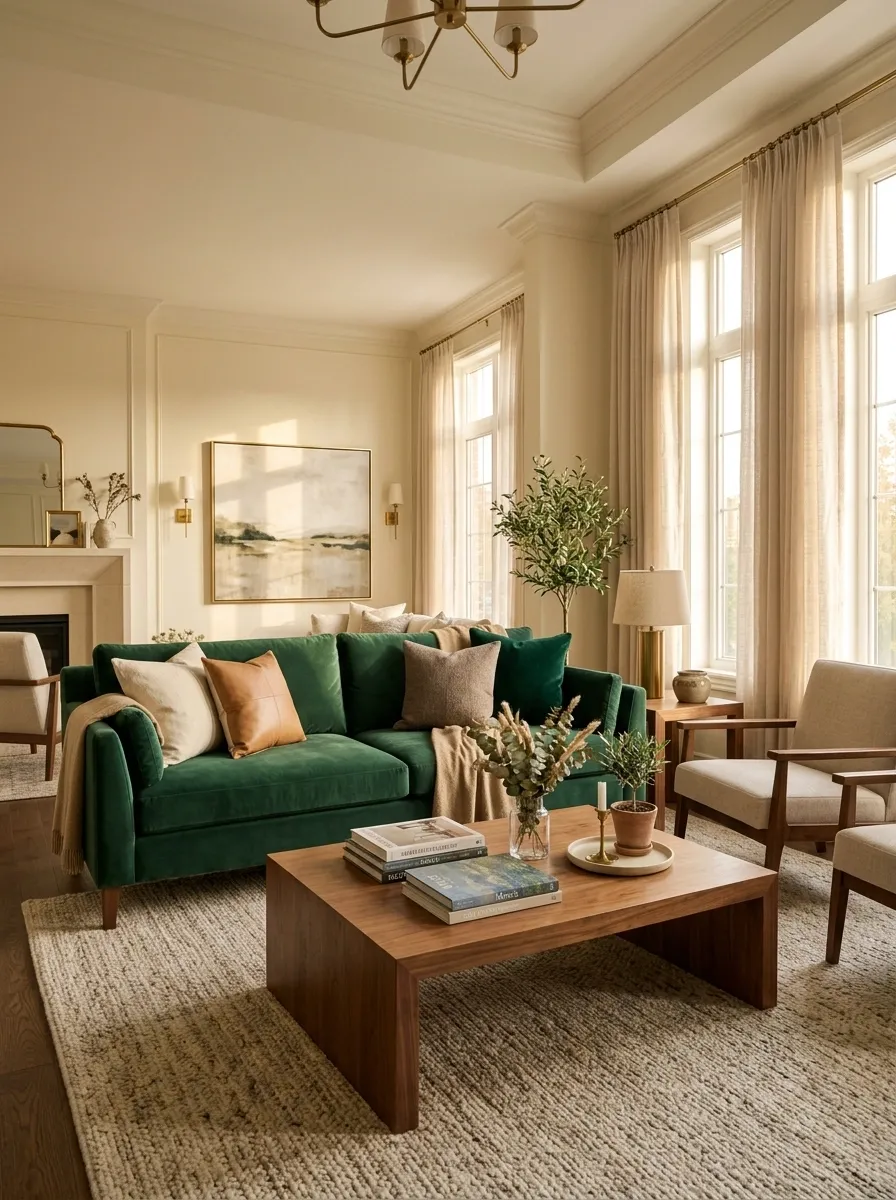 Pair an Emerald Sofa With Warm Cream Walls