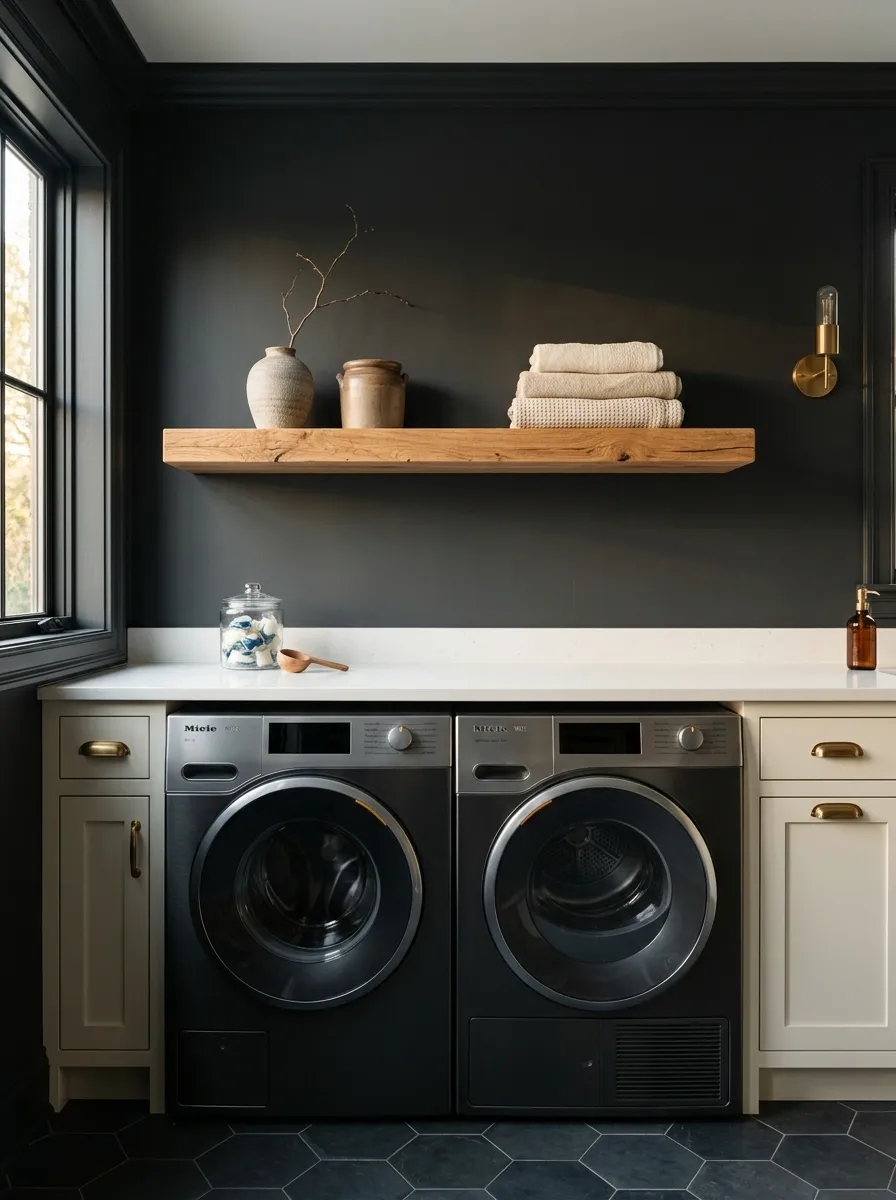 Pair Charcoal Walls With Warm Wood Shelves