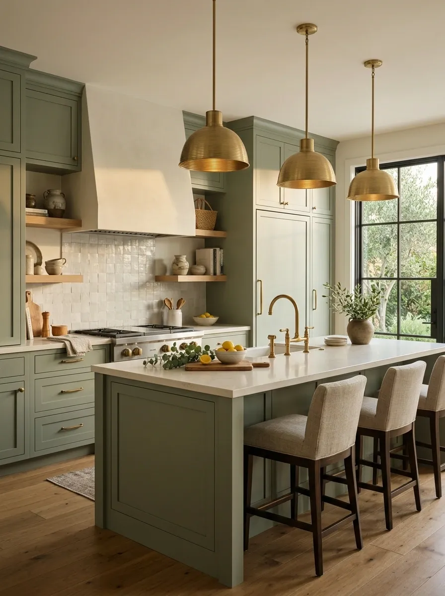 Pair Green Cabinets With Aged Brass, Not Shiny Gold