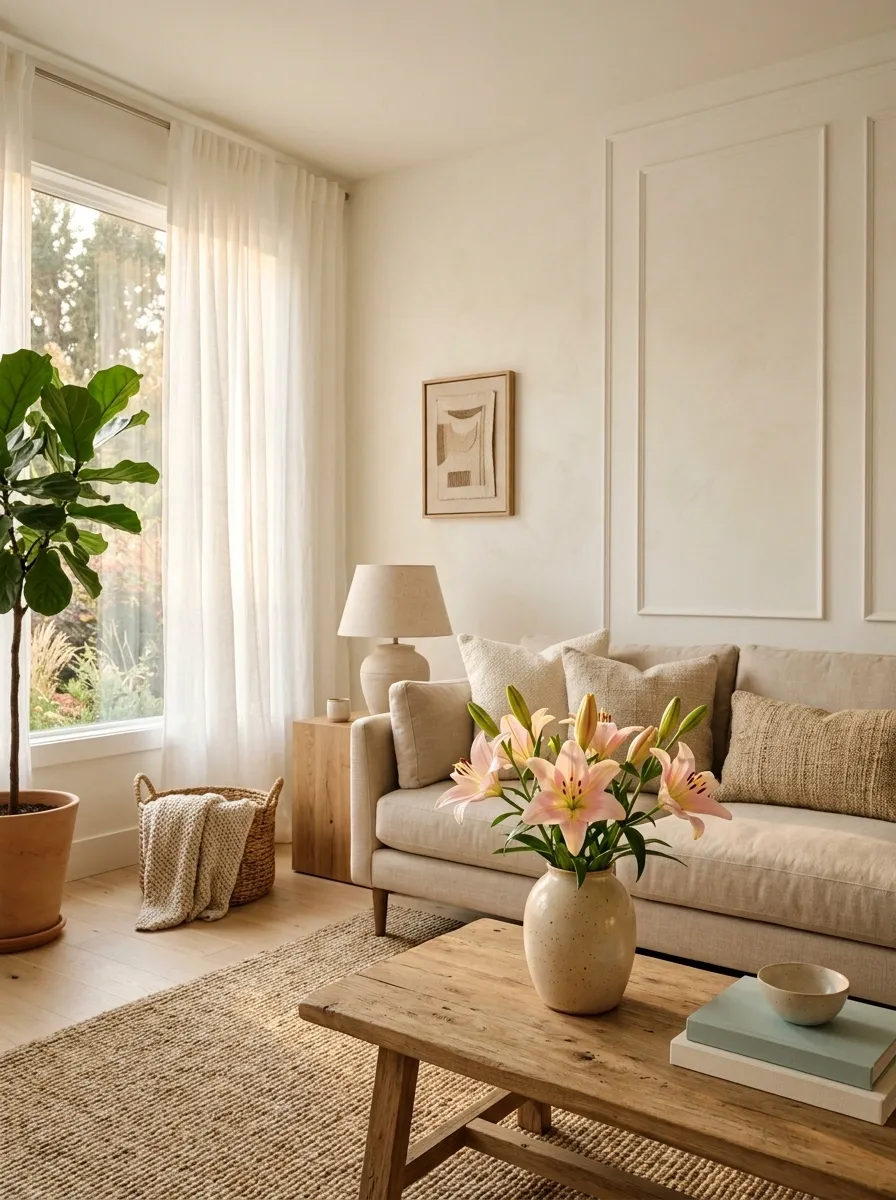 Pair Soft Pink Lilies With Cream and Beige Decor