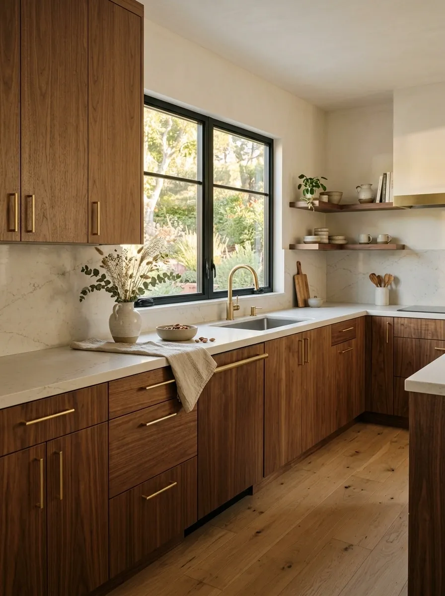 Pair warm wood with a quiet countertop