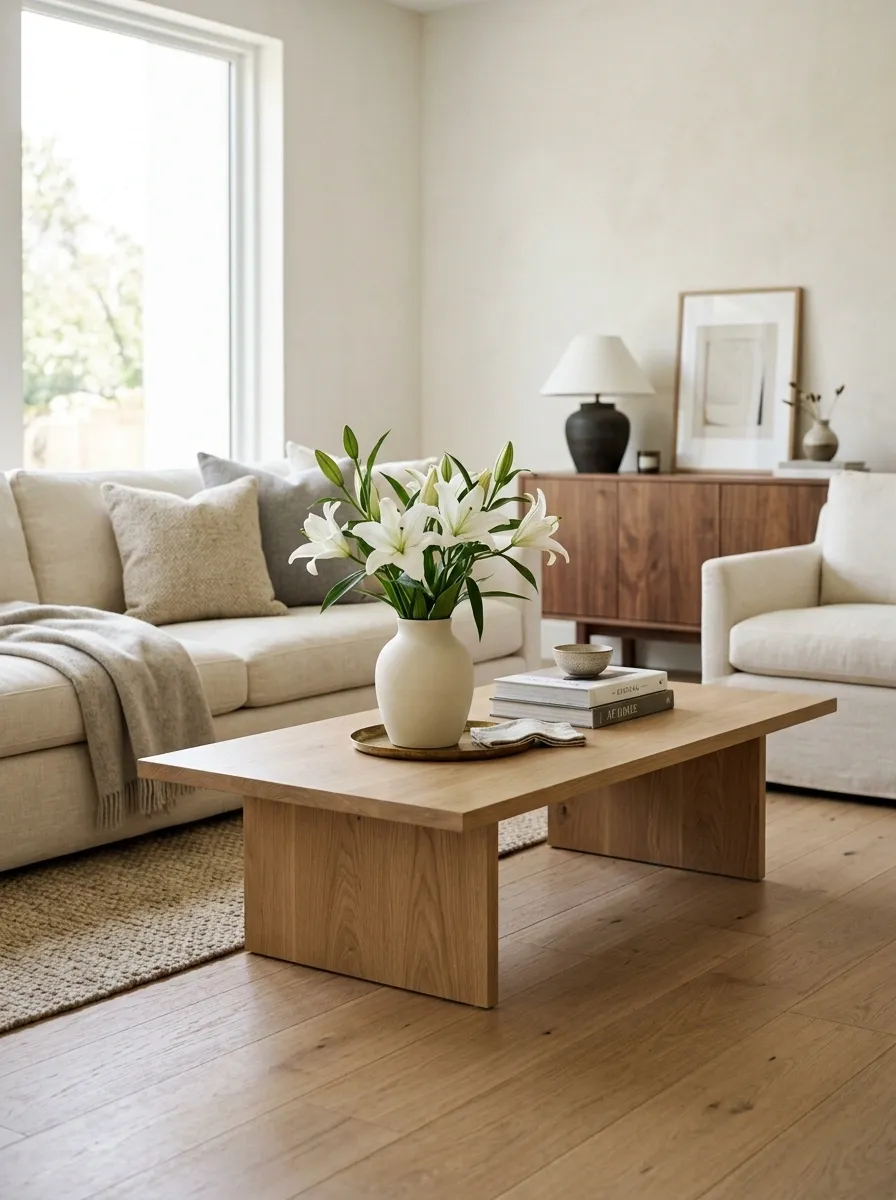 Pair White Lilies With Warm Wood for a Softer Living Room