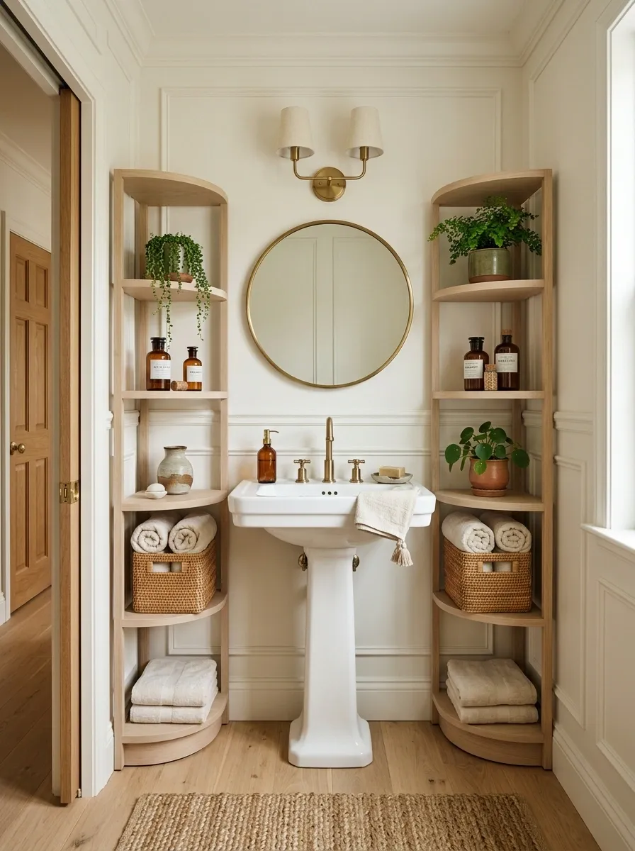 Paired Bamboo Corner Shelves Around the Sink