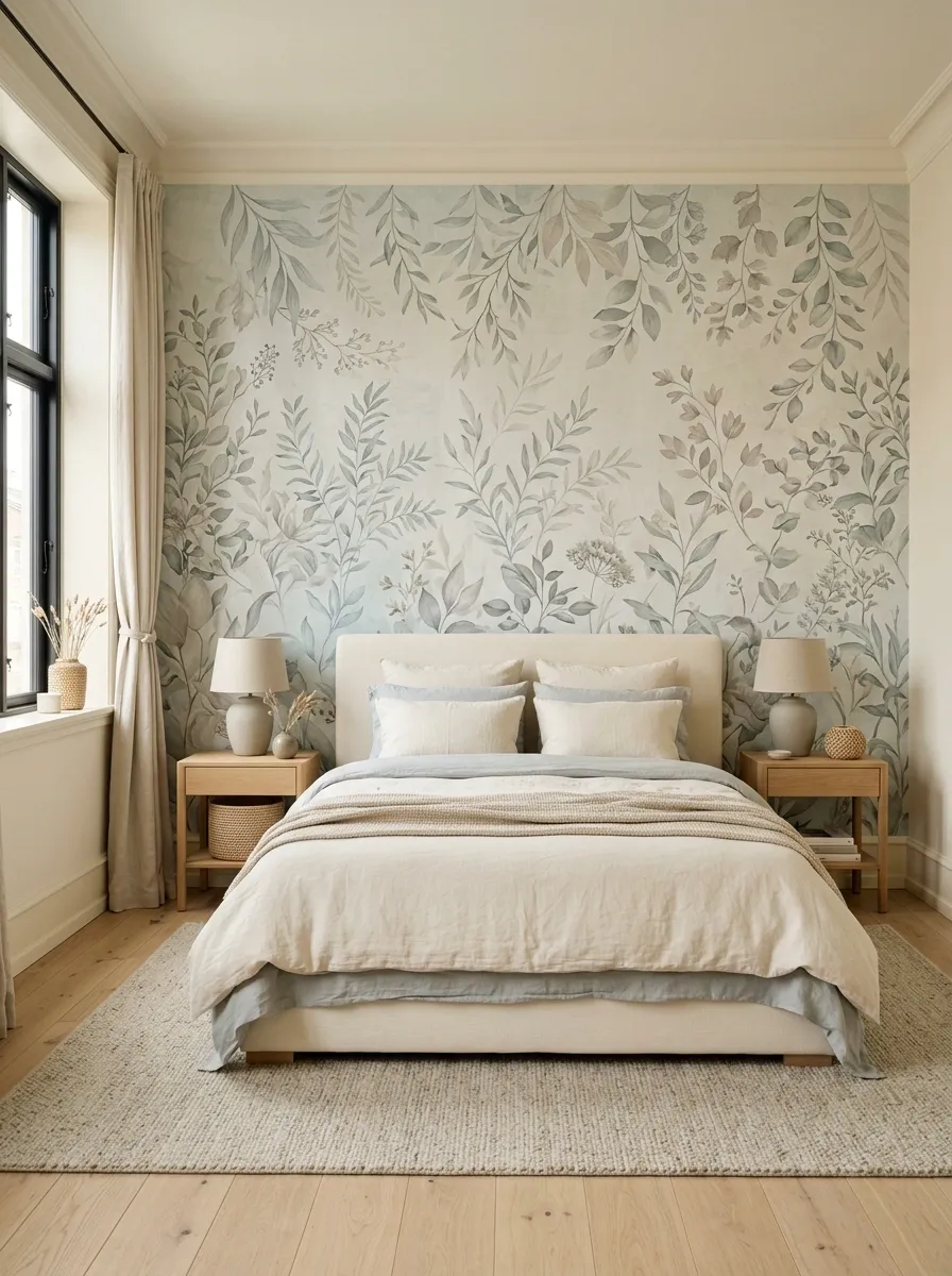 Pale Blue Bedroom With a Full Botanical Mural