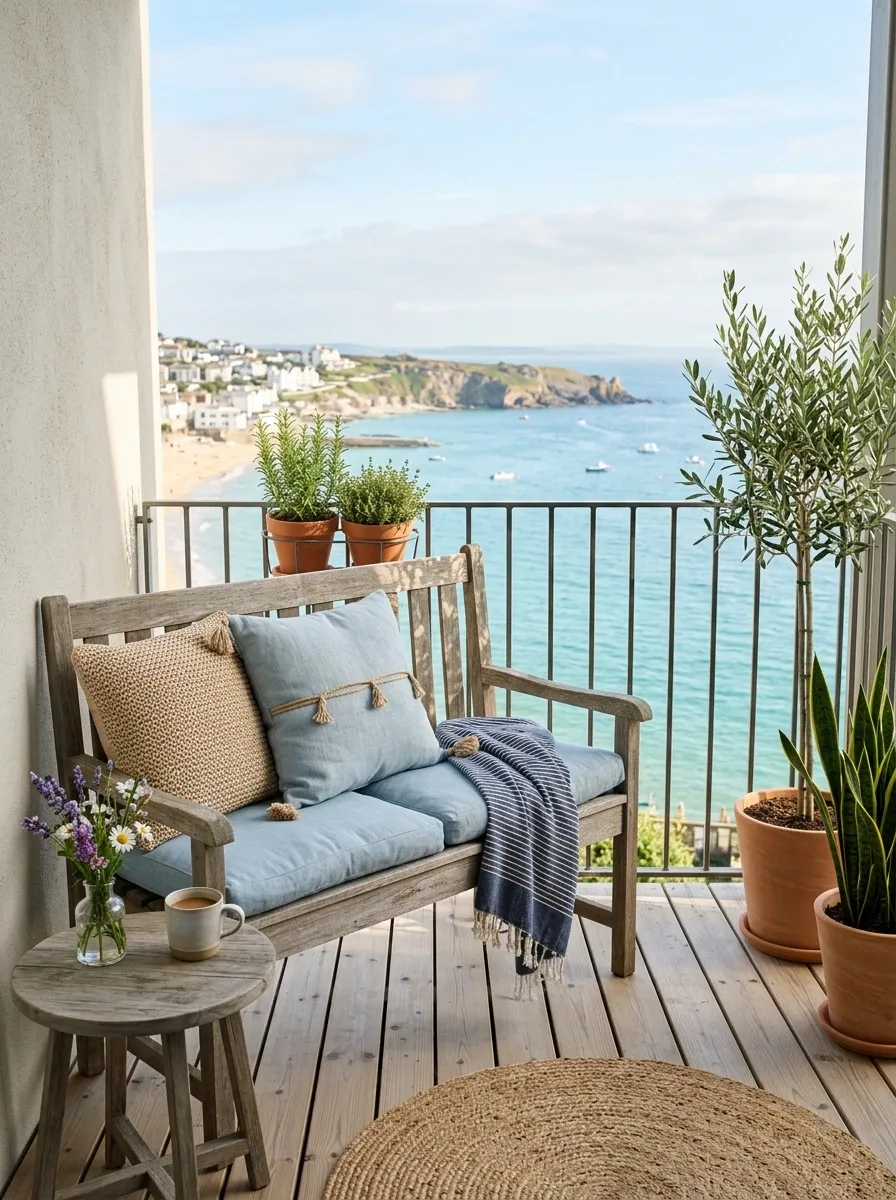 Pale Blue Coastal Balcony With Weathered Timber