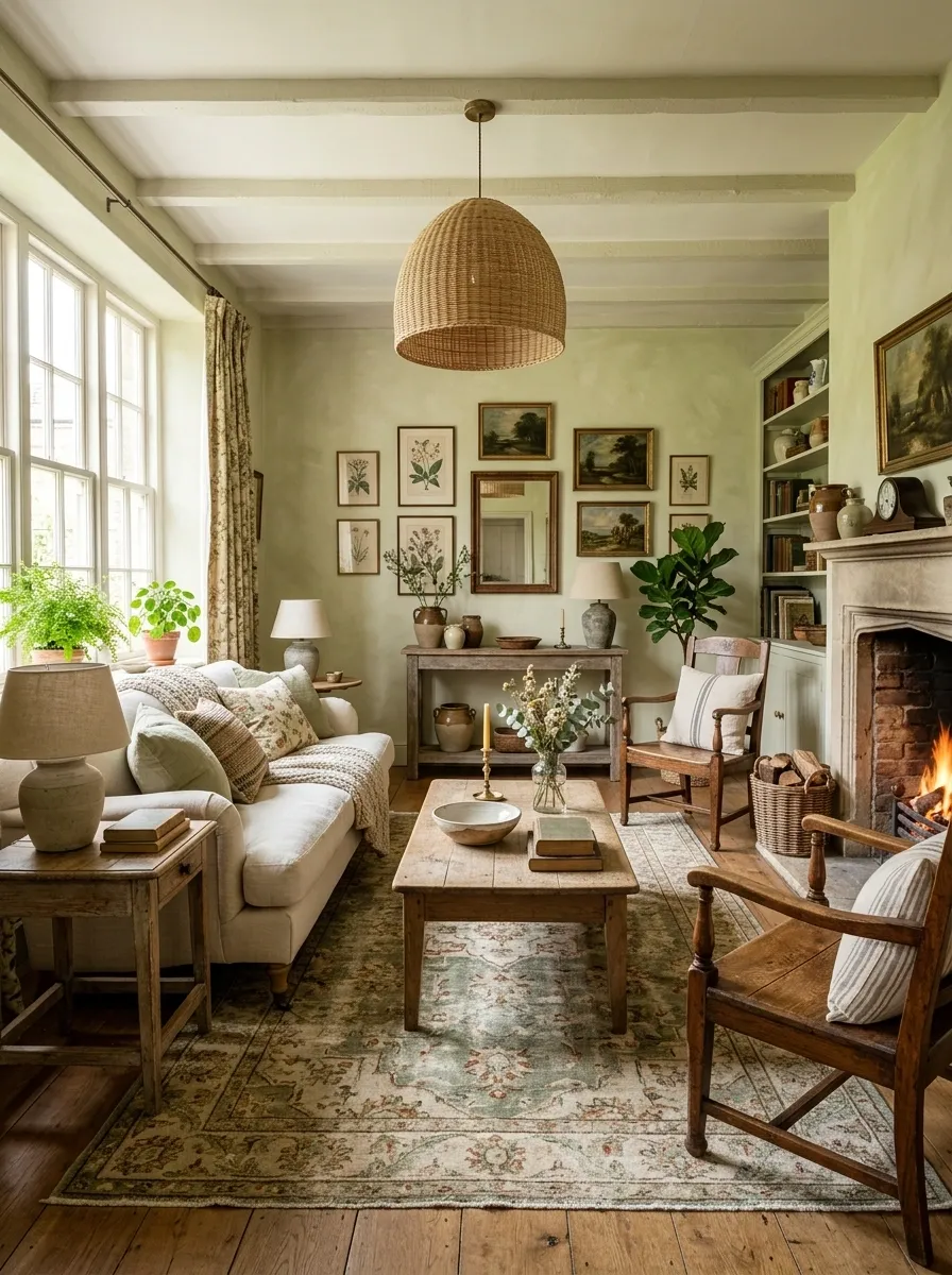 Pale Celery Green Living Room With Vintage Wood and Linen