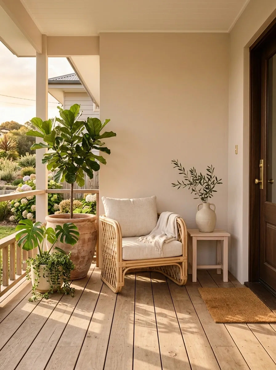Pale Clay Porch With Natural Rattan and Cream