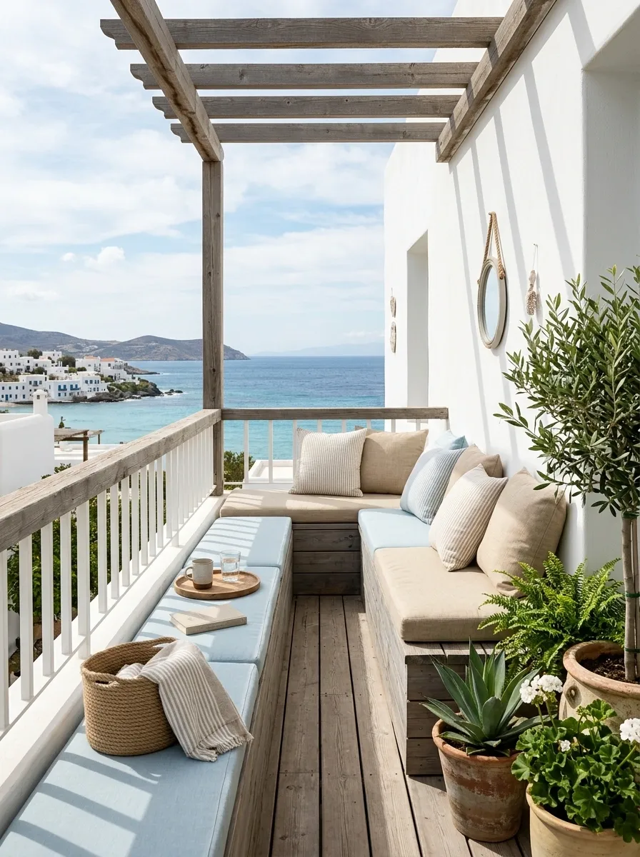 Pale Coastal Retreat With a Weathered Wood Bench