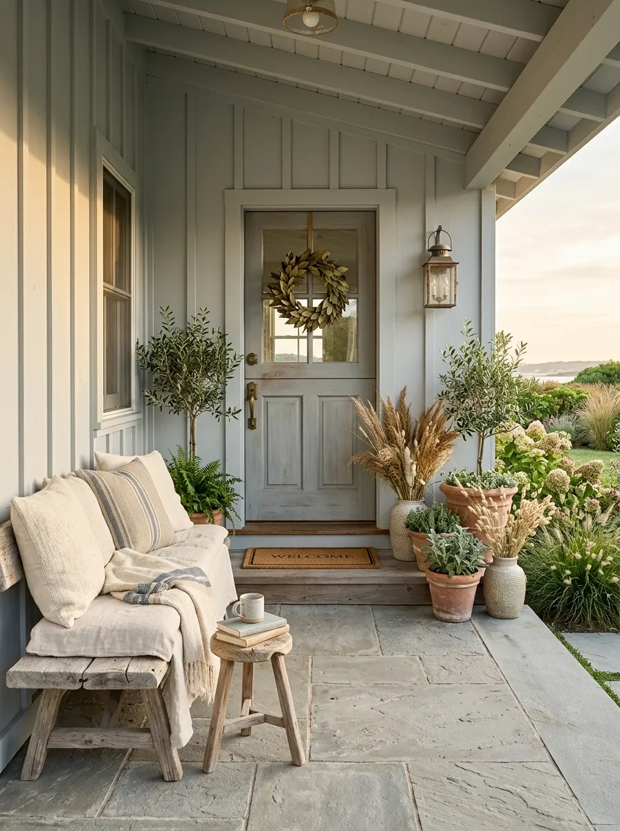 Pale Gray-Blue Porch With Driftwood and Cream