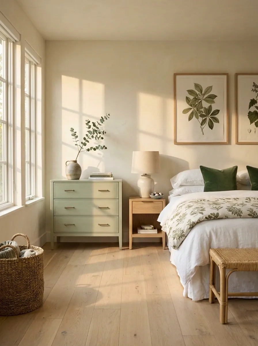 Pale Green Furniture With A Botanical Bedroom