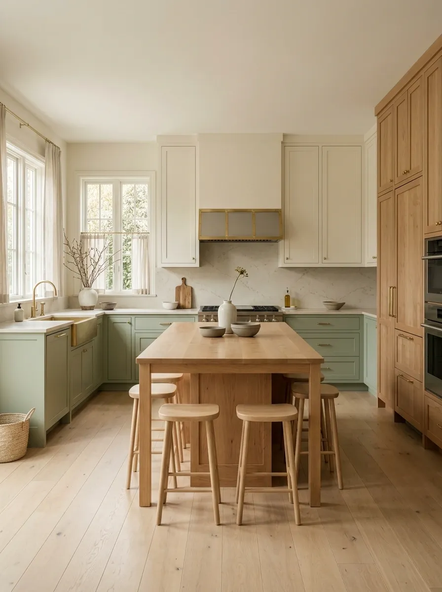 Pale Green, Natural Maple, and Cream Scandinavian Kitchen