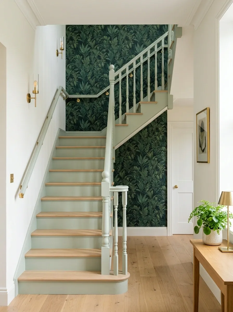 Pale Green Staircase With Botanical Wallpaper and Brass Details