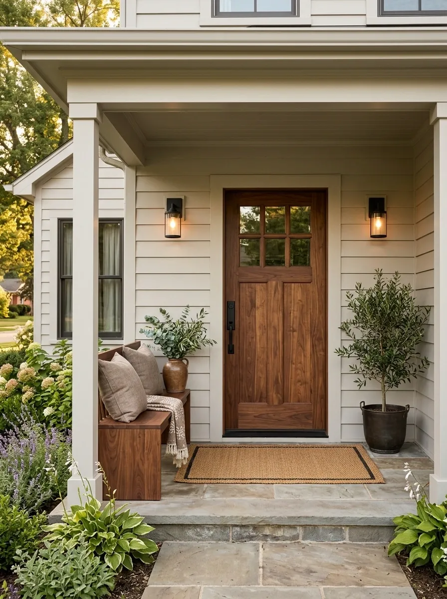 Pale Greige Porch With Walnut and Soft Black