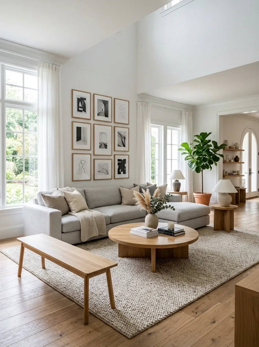 Pale L-Shaped Sofa With a Gallery Wall and Round Oak Table