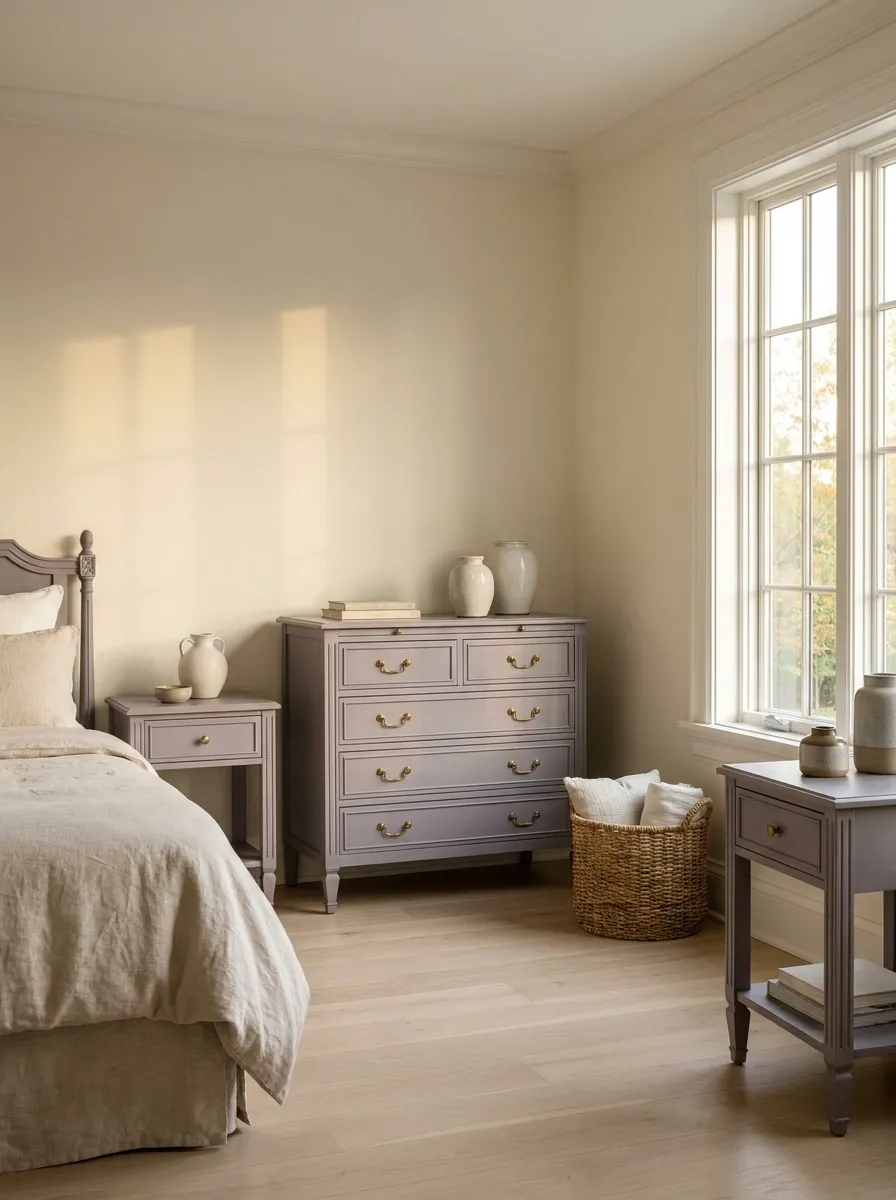Pale Lavender Furniture With Warm Ivory Textiles