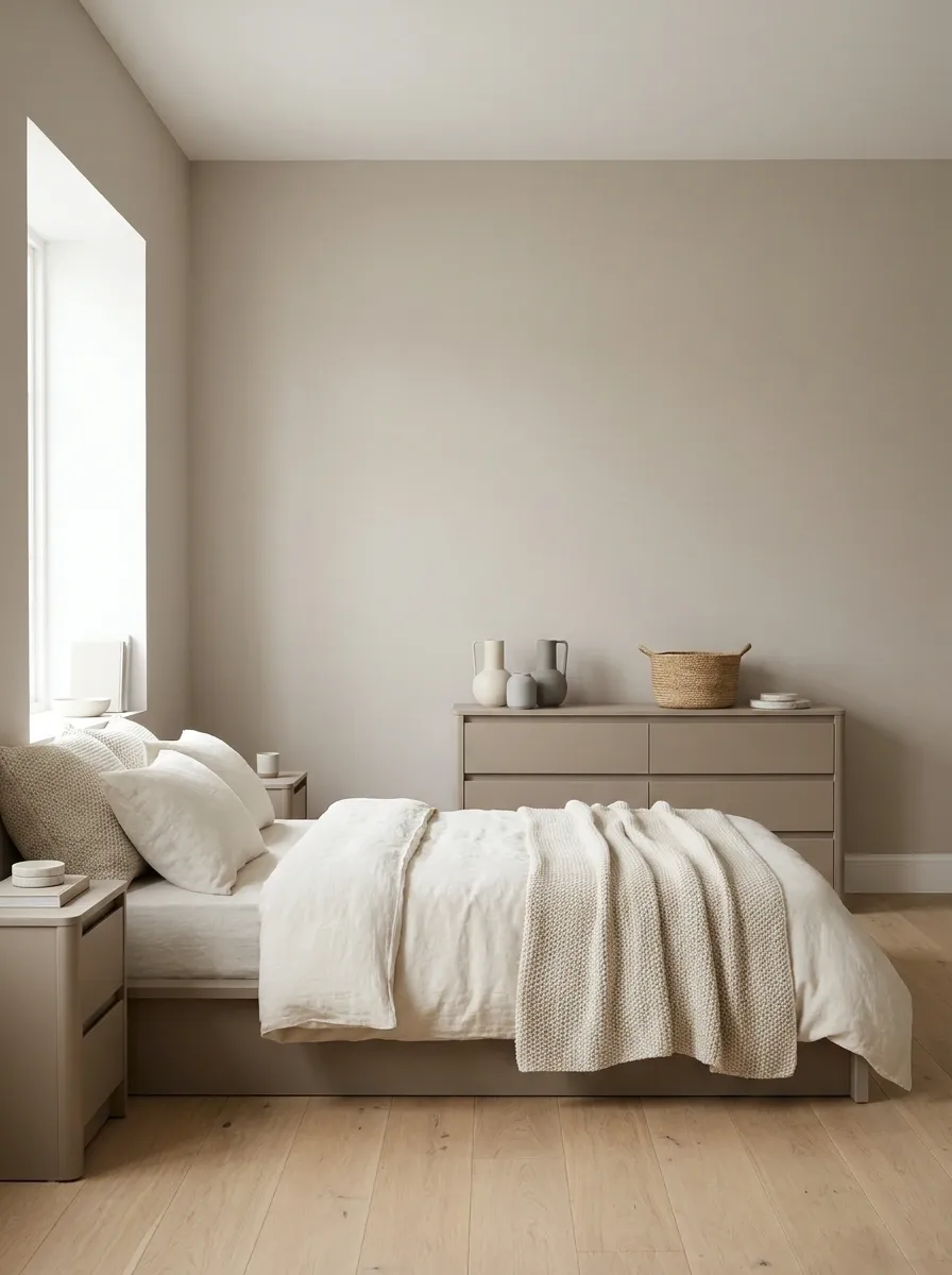 Pale Mushroom Furniture In A Quiet Modern Bedroom