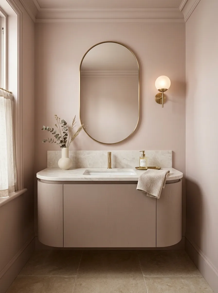 Pale Pink Powder Room With Curved Vanity