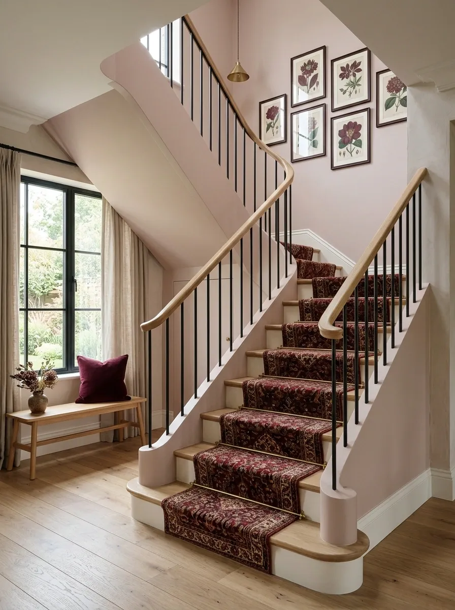 Pale Pink Staircase With Burgundy Accents and Natural Wood