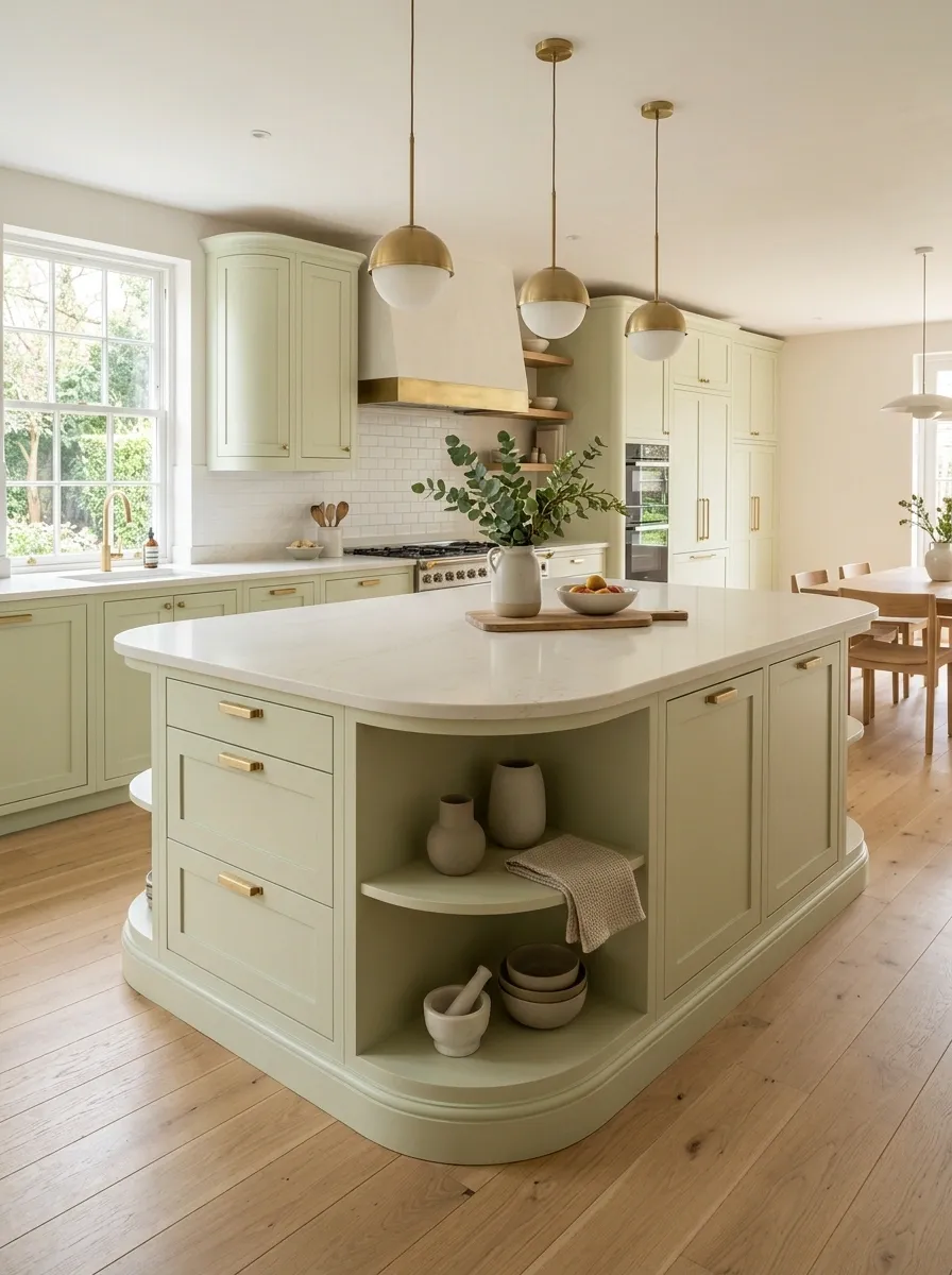 Pale Pistachio Kitchen With Warm Brass and Curved Cabinetry