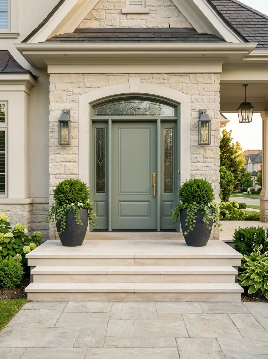 Pale Stone Steps With Refined Brass Details