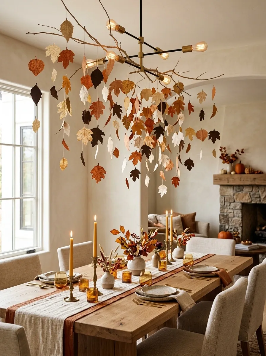 Paper Leaf Chandelier Over a Wooden Dining Table
