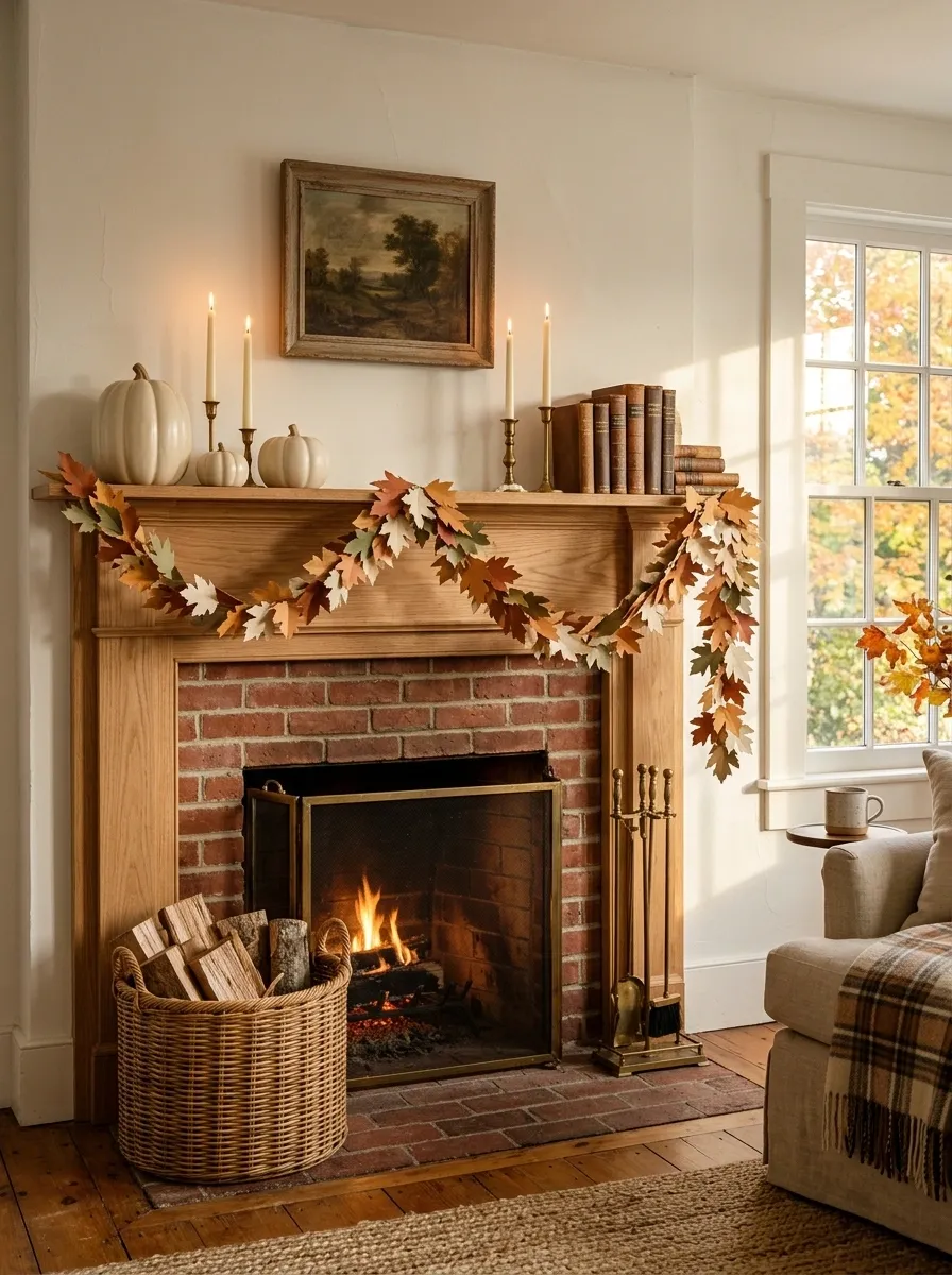 Paper Leaf Garland Draped Across a Traditional Fireplace