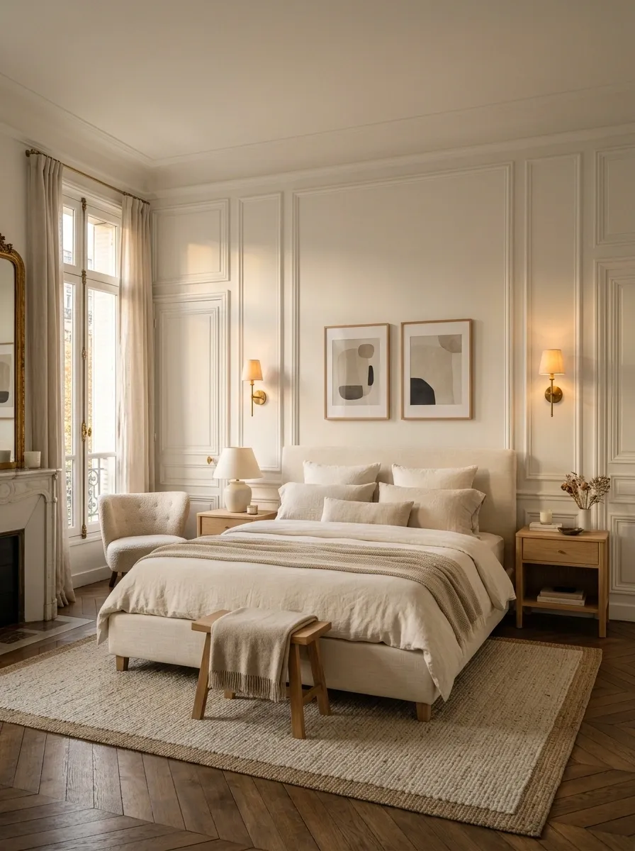 Parisian-Inspired Bedroom With Paneling and Linen