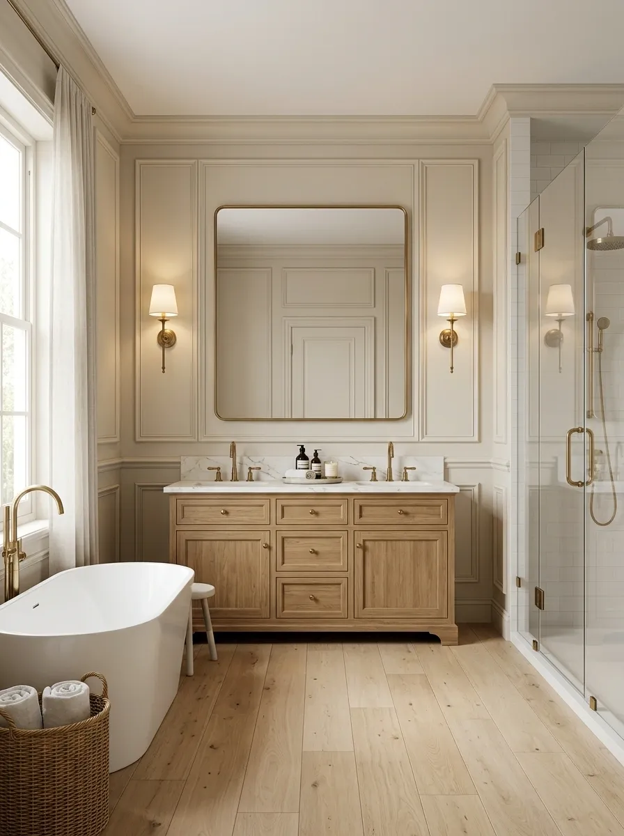 Parisian-Inspired Beige Bathroom With Classic Paneling