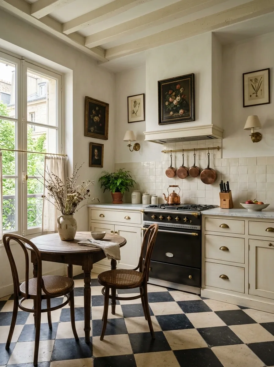 Parisian-Inspired Vintage Kitchen With Cream and Marble