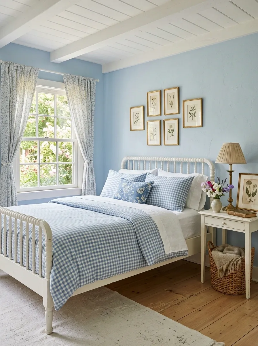 Pastel Blue Bedroom With Cottage Details and White Furniture