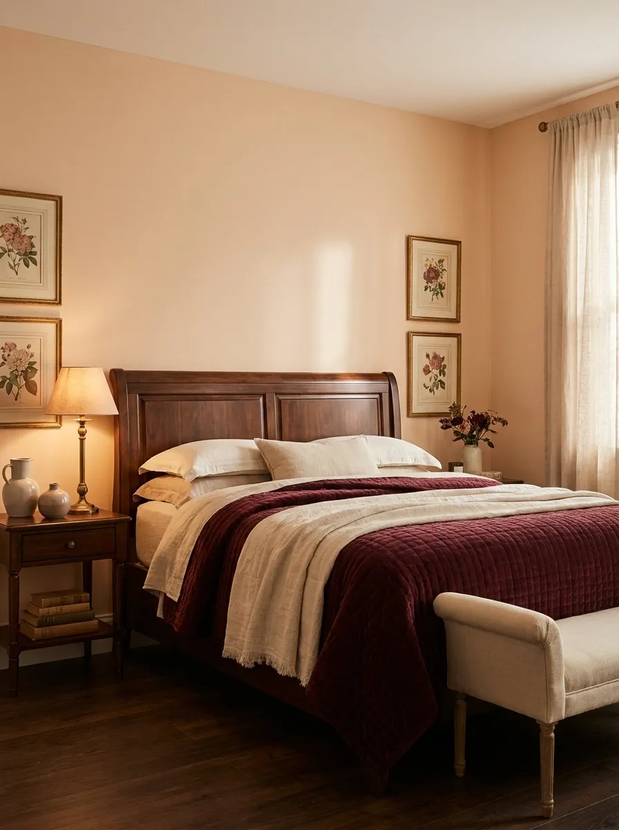 Peach and Burgundy Bedroom With Romantic Vintage Character