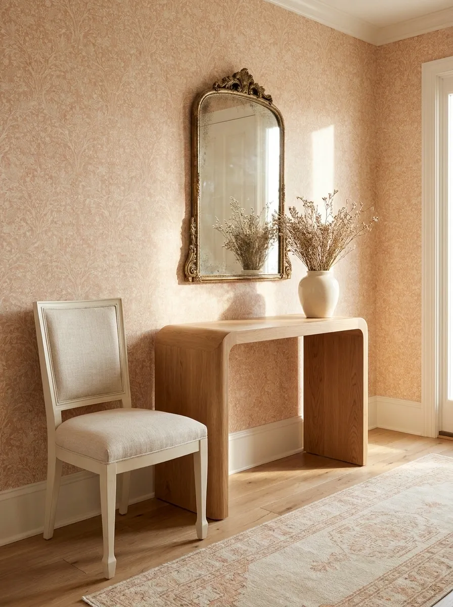 Peach and Cream Entryway With Delicate Floral Wallpaper