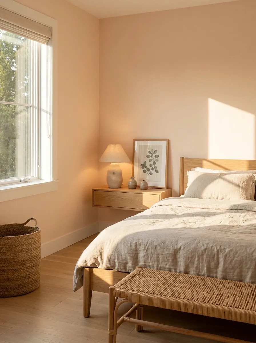 Peach Bedroom With Light Oak and Handcrafted Details
