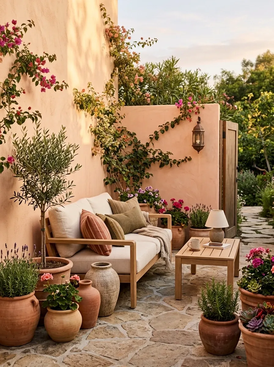 Peach, Clay, and Warm White Patio Nook