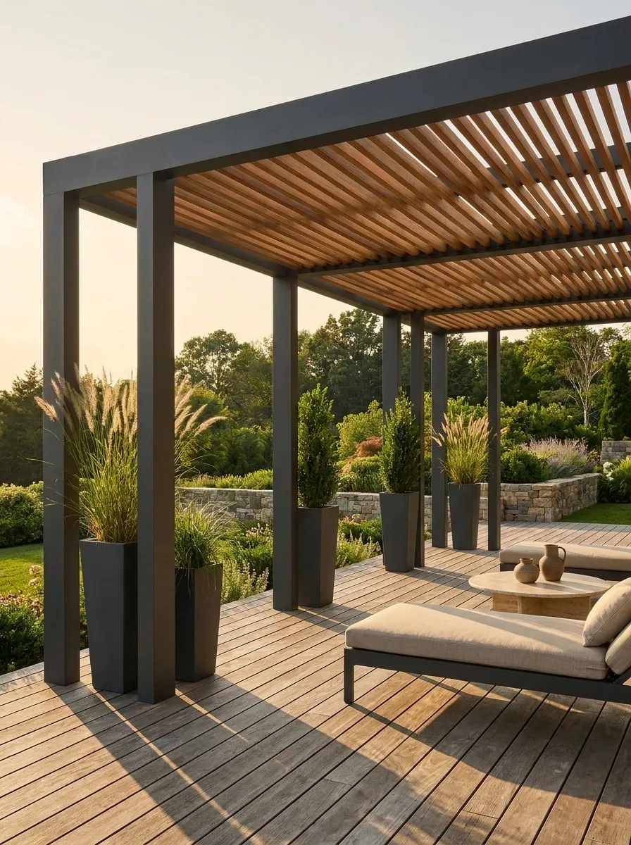 Pergola Deck With Planters Repeating the Structure's Vertical Rhythm