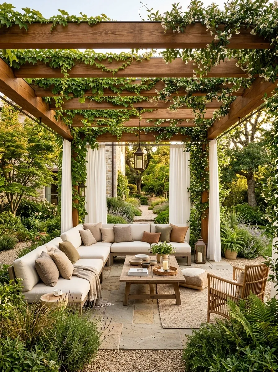 Pergola Patio With Climbing Greenery and Soft Seating