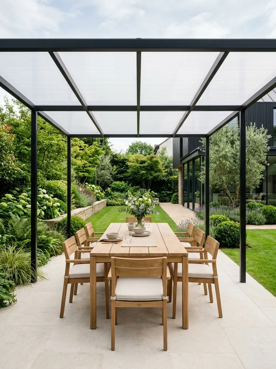 Pergola With a Translucent Roof Over an Open Dining Area